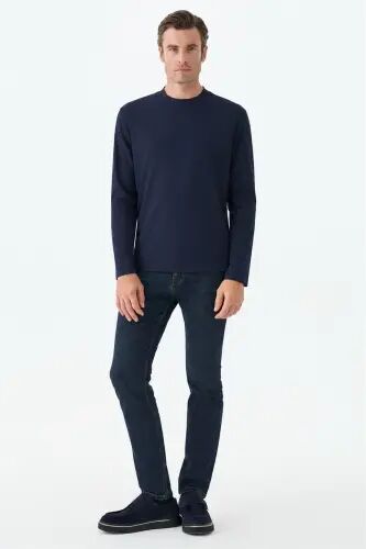 Lacivert Comfort Fit Rayon Karışımlı Bisiklet Yaka Sweatshirt - Jakamen (1)