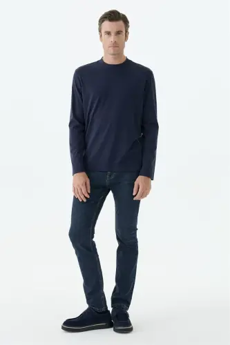 Lacivert Comfort Fit Rayon Karışımlı Bisiklet Yaka Sweatshirt 