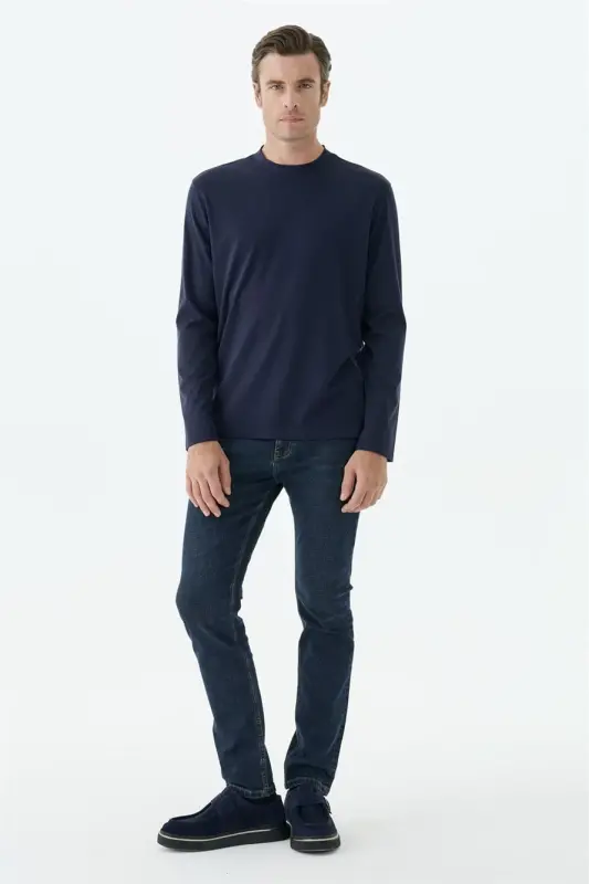 Lacivert Comfort Fit Rayon Karışımlı Bisiklet Yaka Sweatshirt - 1