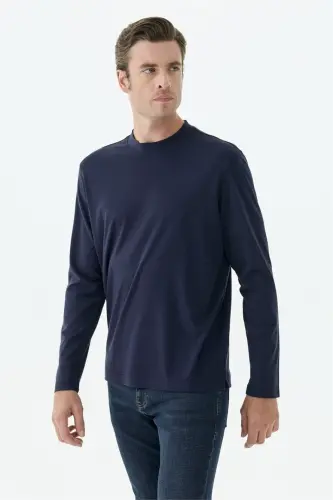 Lacivert Comfort Fit Rayon Karışımlı Bisiklet Yaka Sweatshirt - Jakamen (1)