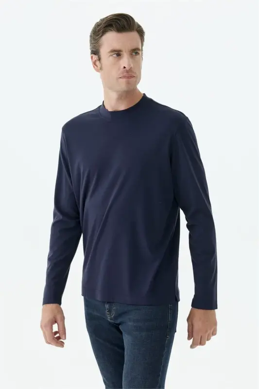 Lacivert Comfort Fit Rayon Karışımlı Bisiklet Yaka Sweatshirt - 2