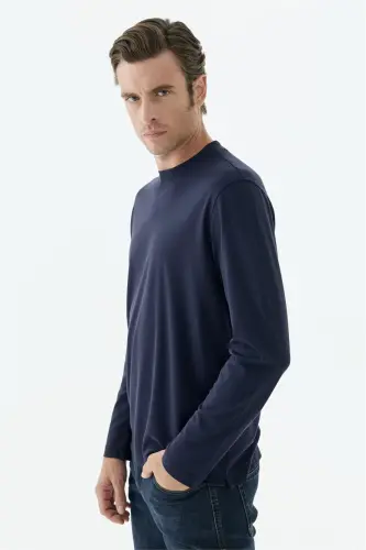 Lacivert Comfort Fit Rayon Karışımlı Bisiklet Yaka Sweatshirt - 3