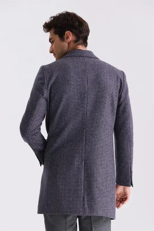 Lacivert Comfort Fit Sivri Yaka Kareli Desenli Yünlü Kaşe Kaban - 4