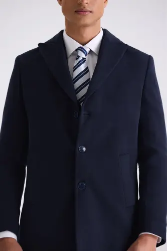 Lacivert Comfort Fit Sivri Yaka Kaşe Kaban - 3