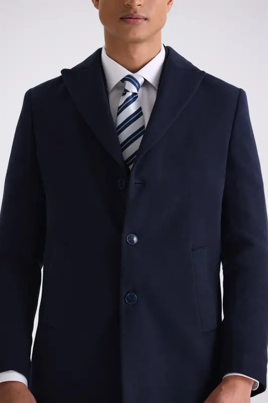 Lacivert Comfort Fit Sivri Yaka Kaşe Kaban - 3