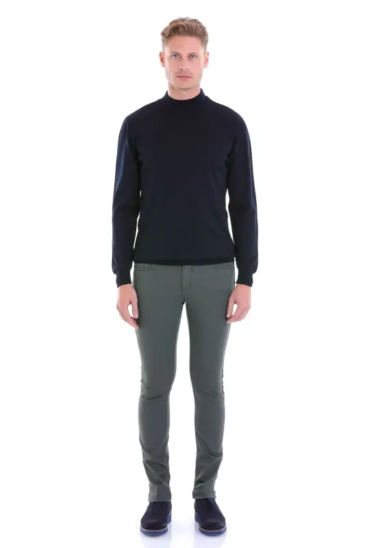 Lacivert Comfort Fit tekis yarim balıkchi yoqali junli jun kazak-Lacivert - 4