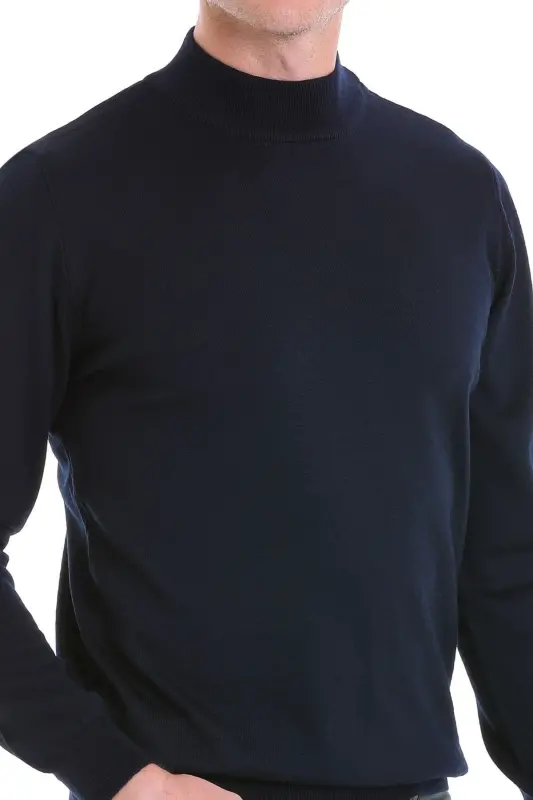 Lacivert Comfort Fit tekis yarim balıkchi yoqali junli jun kazak-Lacivert - 5