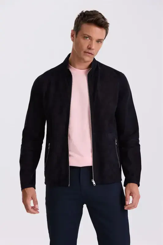 Lacivert Comfort Fit Tik Yoqali Ikki Tomonlama 100% Charm Teri Kurtka - 2