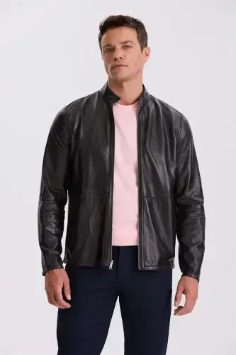 Lacivert Comfort Fit Tik Yoqali Ikkita Tomonlama 100% Charm Teri Kurtka - 3