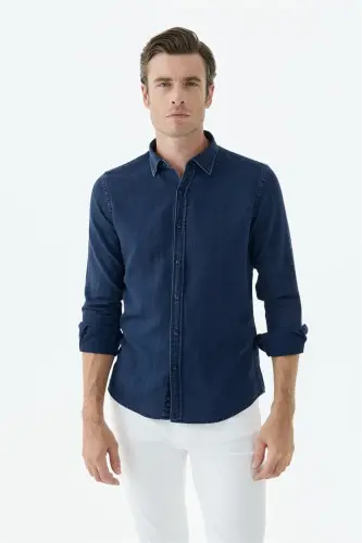 Lacivert Comfort Fit Üsten Düğmeli Yaka Gömlek - 3