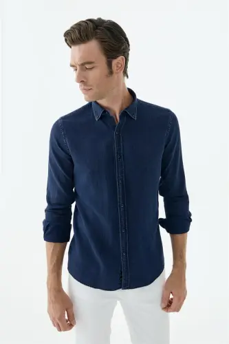 Lacivert Comfort Fit Üsten Düğmeli Yaka Gömlek - 4