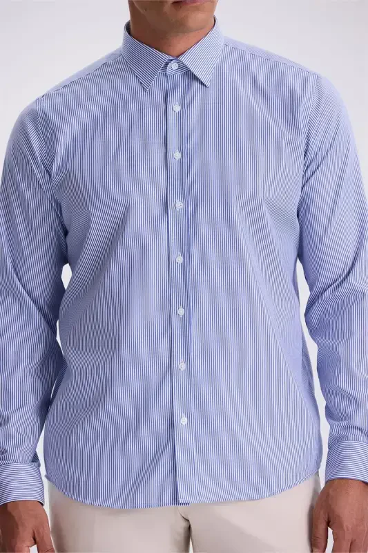 Lacivert Comfort Fit Ütü Gerektirmeyen %100 Pamuk Çizgili Non İron Gömlek - 3