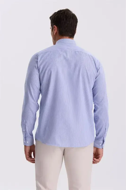 Lacivert Comfort Fit Ütü Gerektirmeyen %100 Pamuk Çizgili Non İron Gömlek - 4