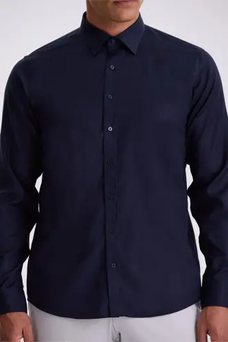 Lacivert Comfort Fit Ütü Gerektirmeyen %100 Pamuk Non İron Gömlek - 3