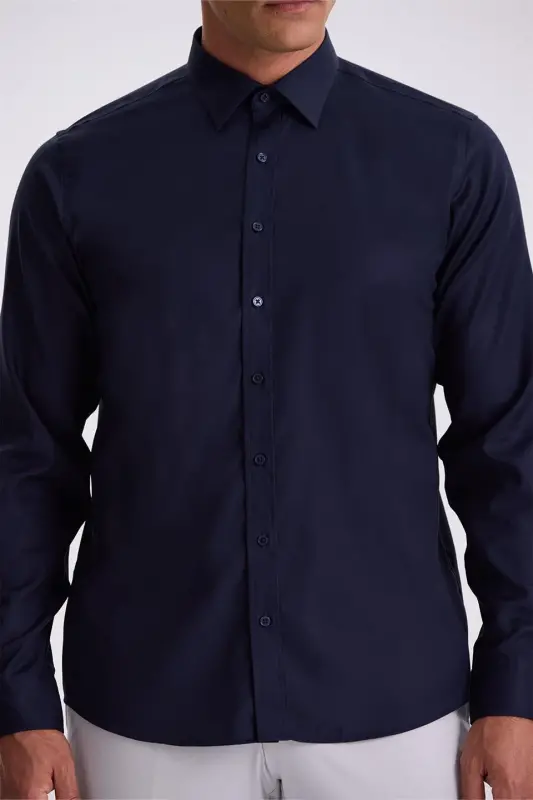 Lacivert Comfort Fit Ütü Gerektirmeyen %100 Pamuk Non İron Gömlek - 3