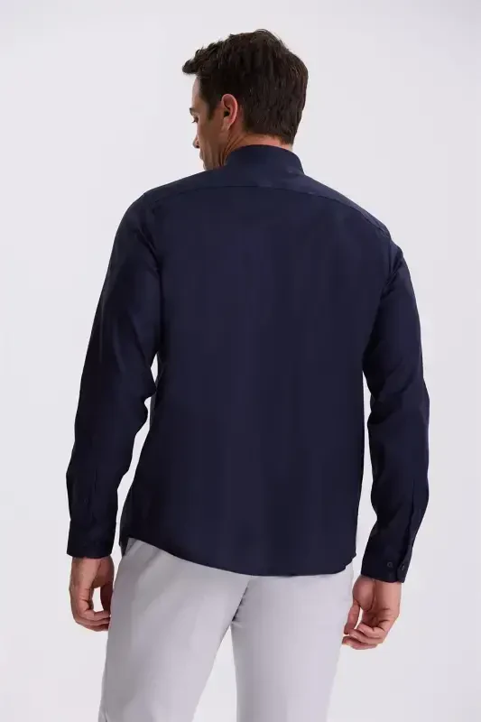 Lacivert Comfort Fit Ütü Gerektirmeyen %100 Pamuk Non İron Gömlek - 4