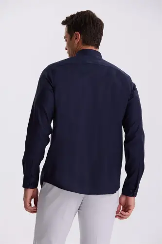 Lacivert Comfort Fit Ütü Gerektirmeyen %100 Pamuk Non İron Gömlek - 4