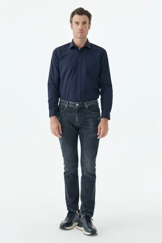 Lacivert Comfort Fit Yıkamalı Jeans Kot Pantolon - 1