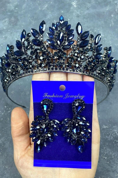 Lacivert Danver Taşlı Gelin Kına Tacı Ve Küpeli Set - Hayalperest boncuk (1)