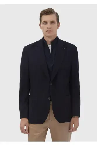 Lacivert Desenli Shirt Shoulder Slim Fit Yün Karışımlı Örme Ceket - 1