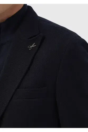 Lacivert Desenli Shirt Shoulder Slim Fit Yün Karışımlı Örme Ceket - 4