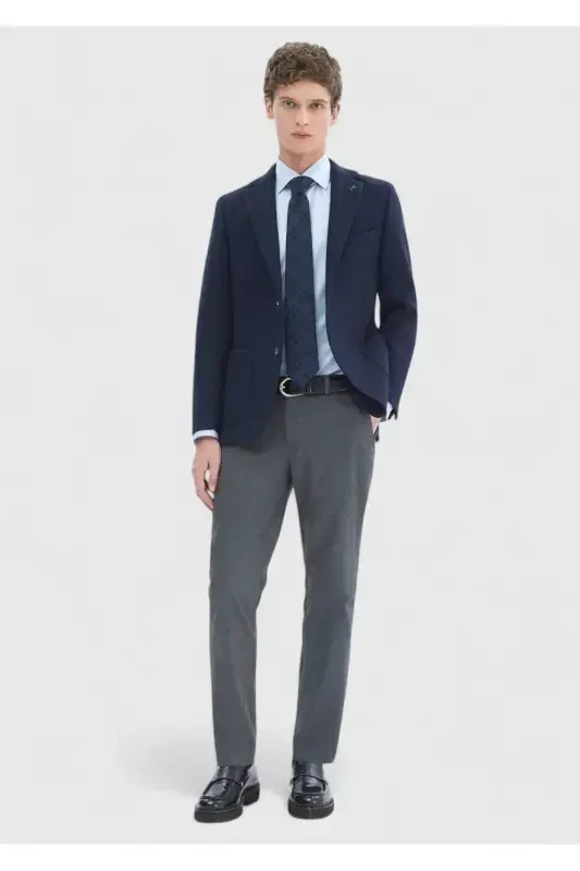 Lacivert Desenli Shirt Shoulder Slim Fit Yün Karışımlı Örme Ceket - 2