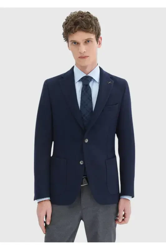 Lacivert Desenli Shirt Shoulder Slim Fit Yün Karışımlı Örme Ceket - 3