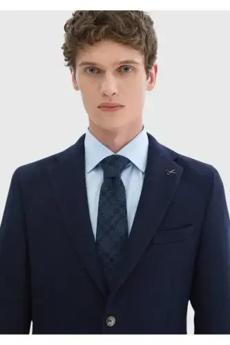 Lacivert Desenli Shirt Shoulder Slim Fit Yün Karışımlı Örme Ceket - 4