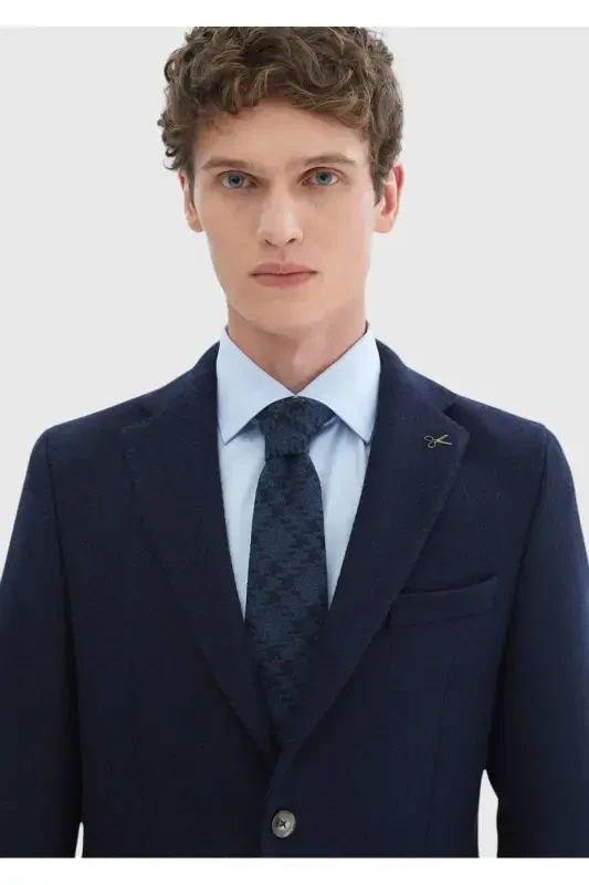 Lacivert Desenli Shirt Shoulder Slim Fit Yün Karışımlı Örme Ceket - 4