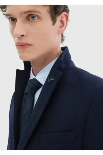 Lacivert Desenli Shirt Shoulder Slim Fit Yün Karışımlı Örme Ceket - 5