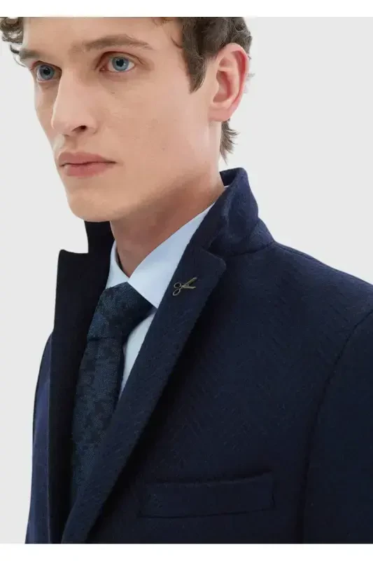 Lacivert Desenli Shirt Shoulder Slim Fit Yün Karışımlı Örme Ceket - 5