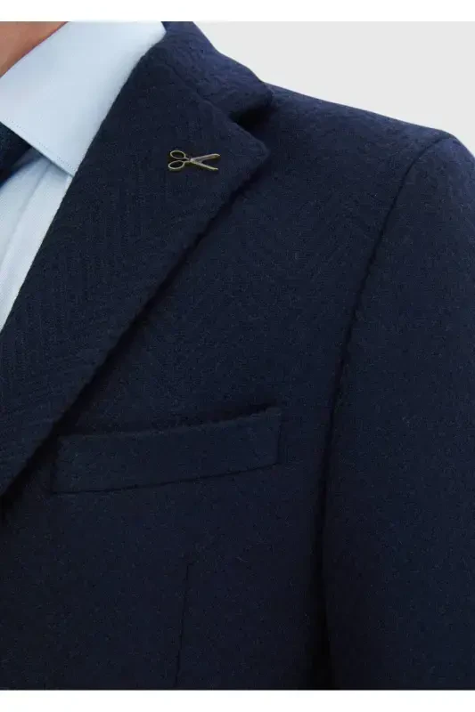 Lacivert Desenli Shirt Shoulder Slim Fit Yün Karışımlı Örme Ceket - 6