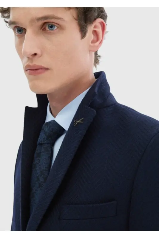 Lacivert Desenli Shirt Shoulder Slim Fit Yün Karışımlı Örme Ceket - 6 Drop - 5