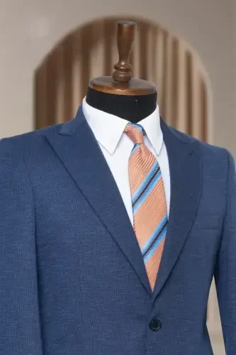 Lacivert Dokulu Astarlı İtalyan Stil Slim Fit Klasik Blazer Erkak Chaket-Lacivert Dokulu - 4