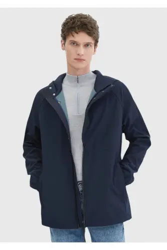 Lacivert Regular Fit Kapüşonlu Denim Dokuma Mont-Lacivert - 1