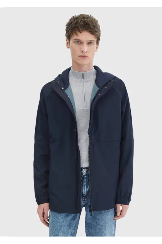 Lacivert Regular Fit Kapüşonlu Denim Dokuma Mont-Lacivert - 3