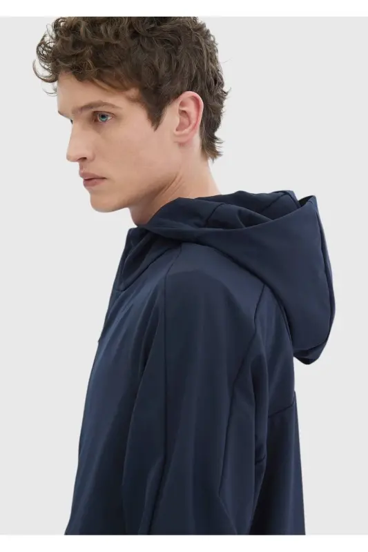 Lacivert Regular Fit Kapüşonlu Denim Dokuma Mont-Lacivert - 5