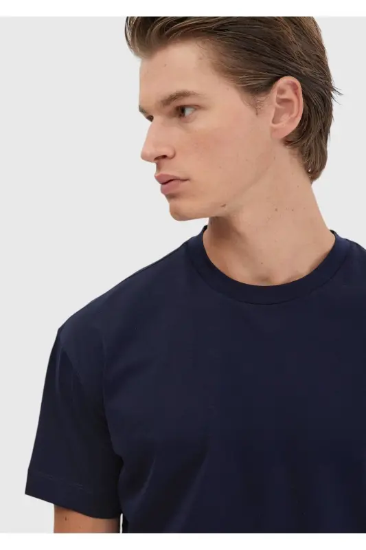 Lacivert Düz Bisiklet Yaka %100 Pamuk T-Shirt-Lacivert - 3