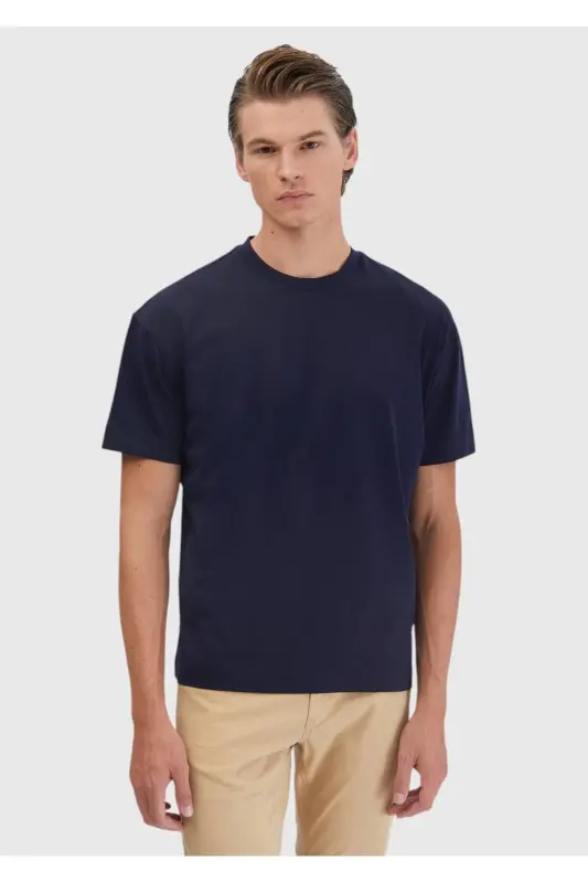 Lacivert Düz Bisiklet Yaka %100 Pamuk T-Shirt-Lacivert - 1