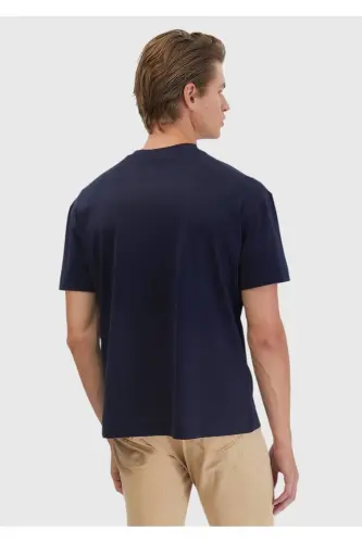 Lacivert Düz Bisiklet Yaka %100 Pamuk T-Shirt-Lacivert - 4