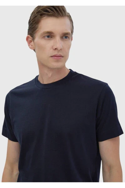 Lacivert Düz Bisiklet Yaka Pamuk Karışımlı T-Shirt-Lacivert - 4