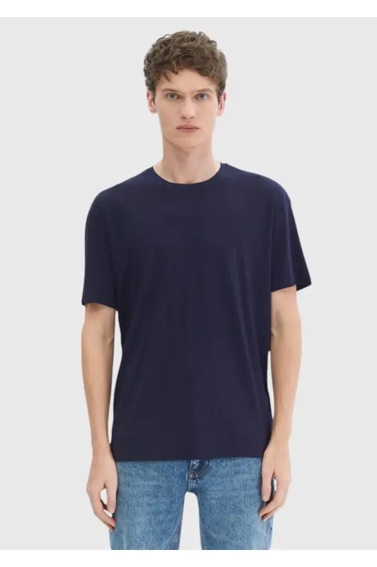 Lacivert Düz Bisiklet Yaka T-Shirt - Lacivert - 1