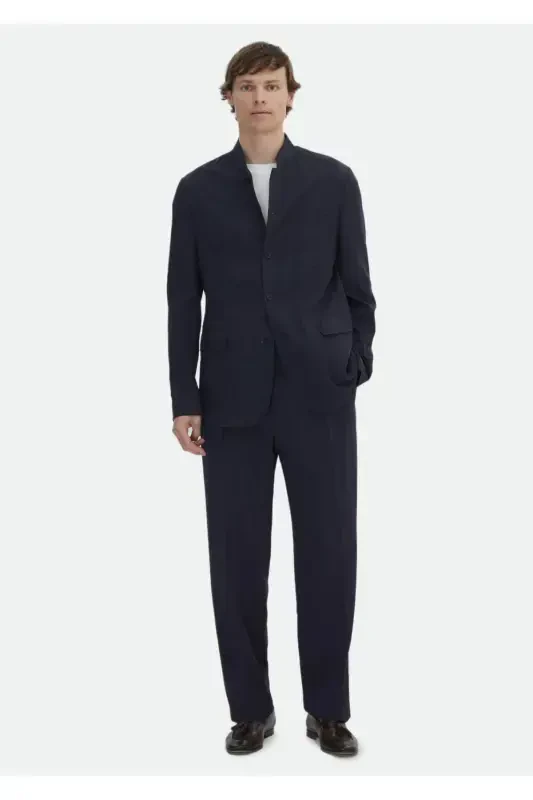 Lacivert Düz Casual Fit Yün Karışımlı Takım Elbise - 2