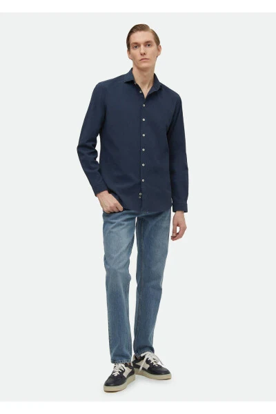 Lacivert Düz Regular Fit Dokuma Casual Pamuk Karışımlı Gömlek - Ramsey (1)
