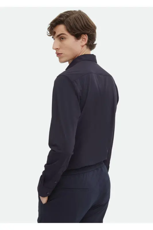 Lacivert Düz Regular Fit Dokuma Klasik Gömlek-Lacivert - 4