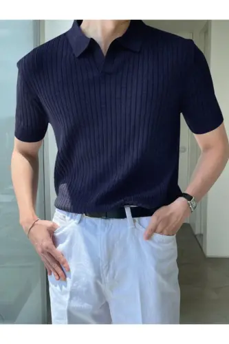 Lacivert Erkak Fitilli Polo Yaka Triko T-Shirt-Lacivert 