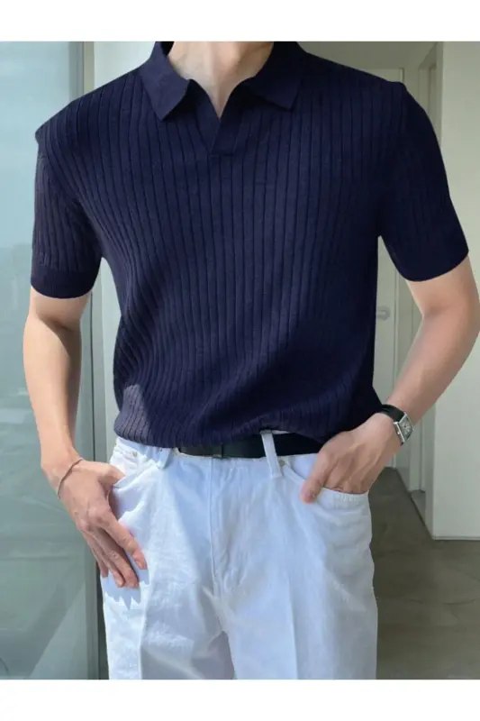 Lacivert Erkak Fitilli Polo Yaka Triko T-Shirt-Lacivert - 1