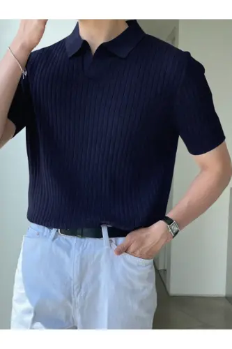 Lacivert Erkak Fitilli Polo Yaka Triko T-Shirt-Lacivert - TARZ COOL (1)