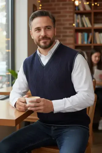 Lacivert erkaklar V yoqali triko o'rnali tuklanmaydigan sviter regular fit soch o'rnali naqshli-lacivert - KAMALI (1)