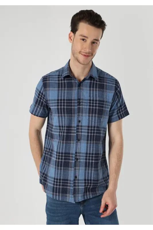 Regular Fit Shirt Neck Ekoseli Erkek Lacivert Kısa Kol Gömlek - LACİVERT - 4